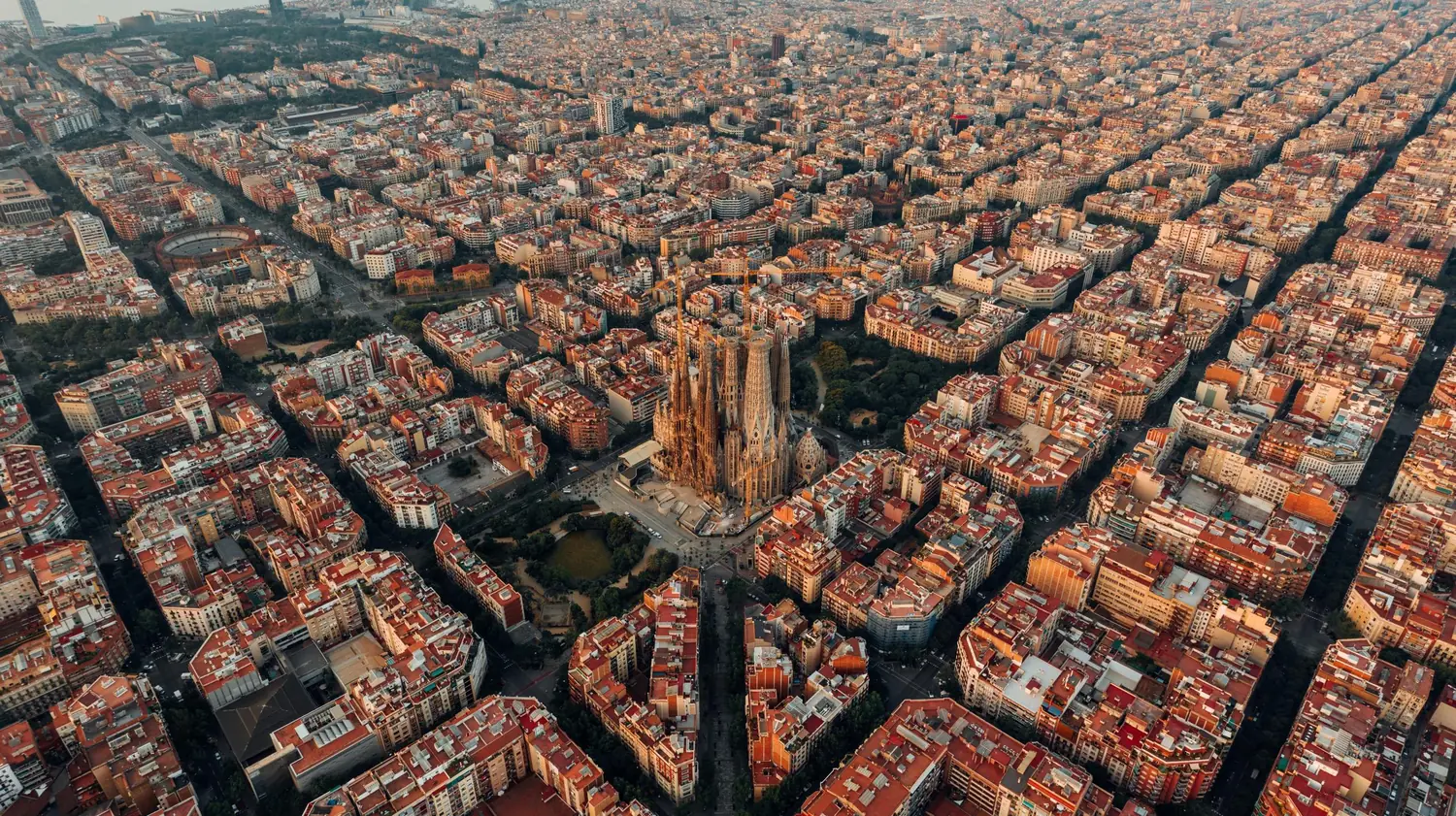 Aerial view of Barcelona's Eixample district with the Sagrada Família