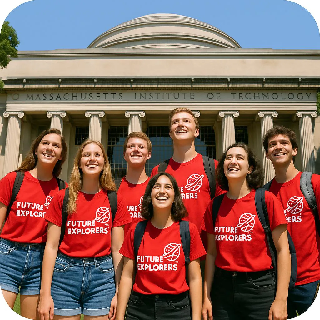 Richi Camp participants in Future Explorers shirts in front of the MIT dome